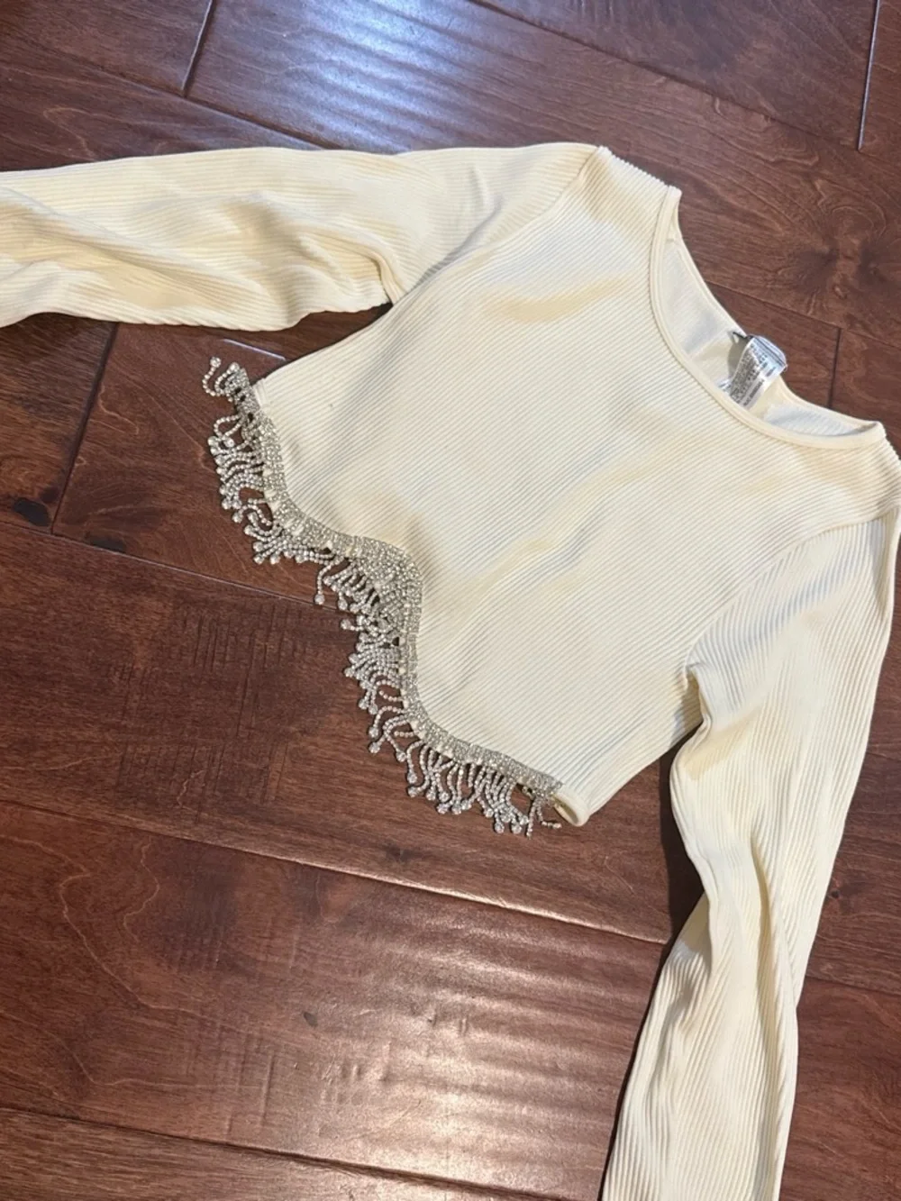 Zara Cream Ribbed Crop Top with Beaded Fringe